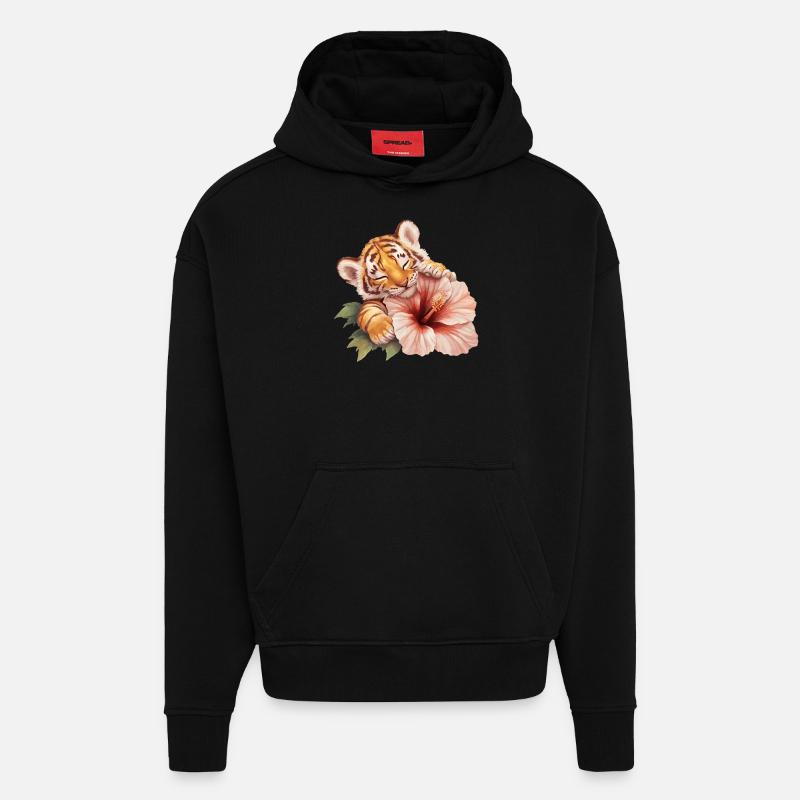 Bébé tigre avec fleur - Sweat à capuche bio épais oversize fabriqué en UE - SOLID BLACK