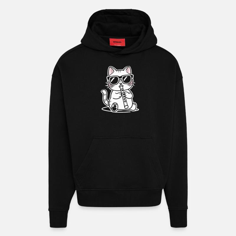 Katze Mit Sonnenbrille Spielt Flöte - Hoodie- made by SPREAD  - SOLID BLACK