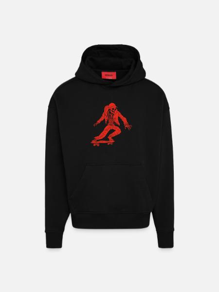 Red Skeleton on Skateboard - Hoodie- made by SPREAD - SOLID BLACK