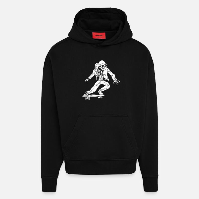 Squelette blanc en skateboard - Sweat à capuche bio épais oversize fabriqué en UE - SOLID BLACK