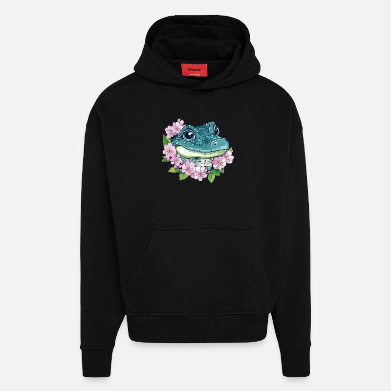Fleur de cerisier crocodile - Sweat à capuche bio épais oversize fabriqué en UE - SOLID BLACK