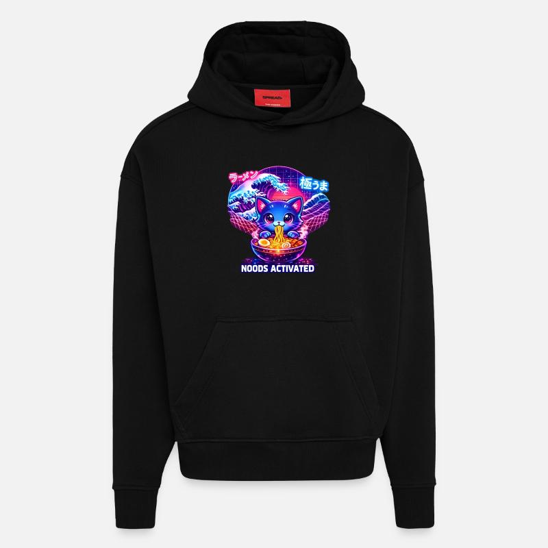Ramen Kitty Vague Néon - Sweat à capuche bio épais oversize fabriqué en UE - SOLID BLACK