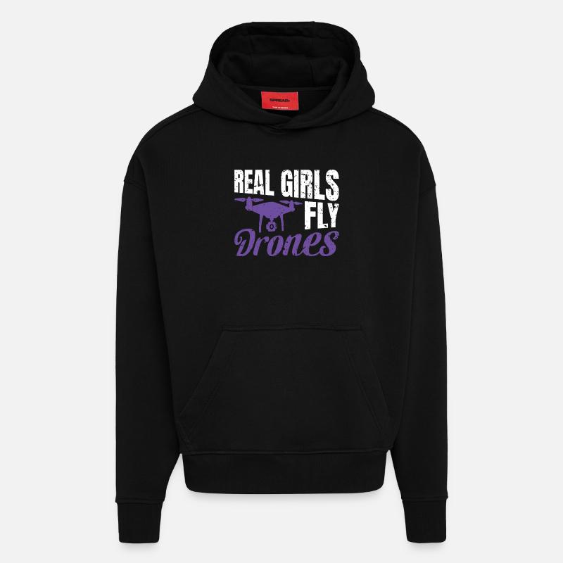 Les vraies filles pilotent des drones - Sweat à capuche bio épais oversize fabriqué en UE - SOLID BLACK