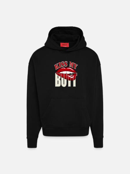 Kiss my buttocks - with red lips/mouth - Hoodie- made by SPREAD  - SOLID BLACK