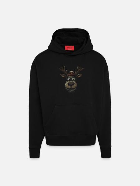 Reindeer with glasses in winter hat - Hoodie- made by SPREAD  - SOLID BLACK
