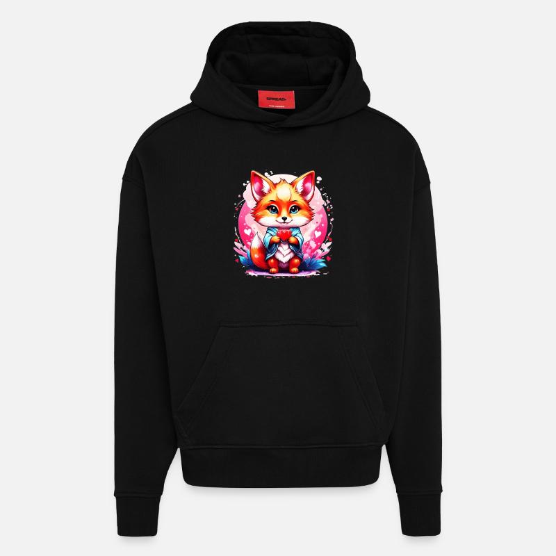 Kawaii Chibi Fox - Sweat à capuche bio épais oversize fabriqué en UE - SOLID BLACK