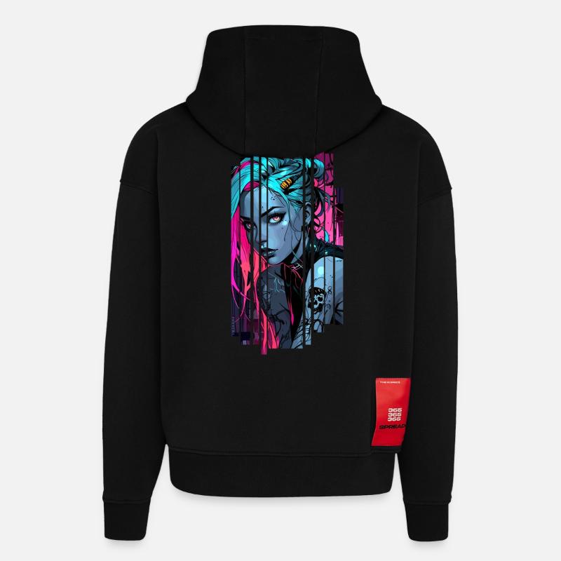 Cyber girl bleu néon - Sweat à capuche bio épais oversize fabriqué en UE - SOLID BLACK