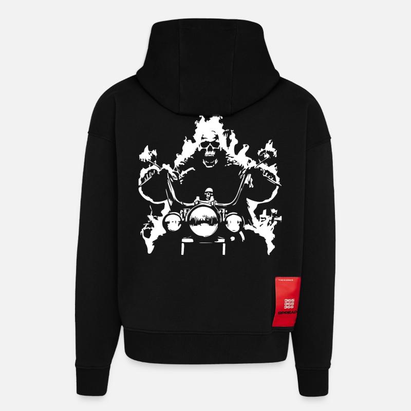 Skull Biker Flame Moto - Sweat à capuche bio épais oversize fabriqué en UE - SOLID BLACK