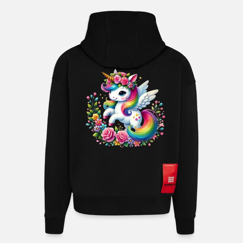 Regenbogen Fleur Einhorn - Hoodie- made by SPREAD - SOLID BLACK