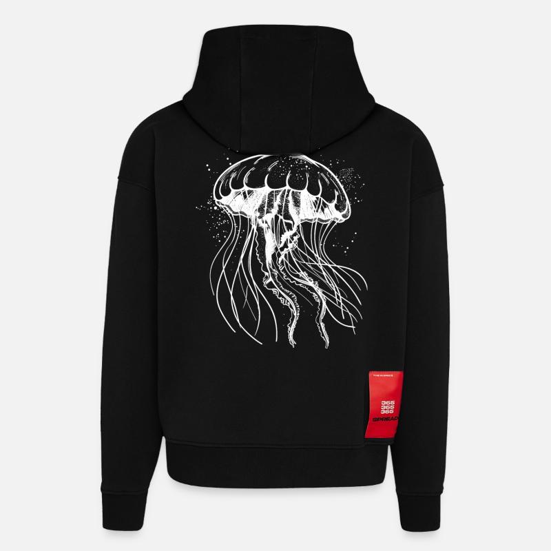 Motif Méduse Blanche - Méduse - Sweat à capuche bio épais oversize fabriqué en UE - SOLID BLACK