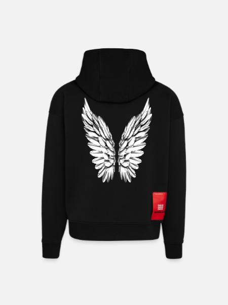 Angel Wing Silver White Angel Wings Angel Wings - Hoodie- made by SPREAD  - SOLID BLACK
