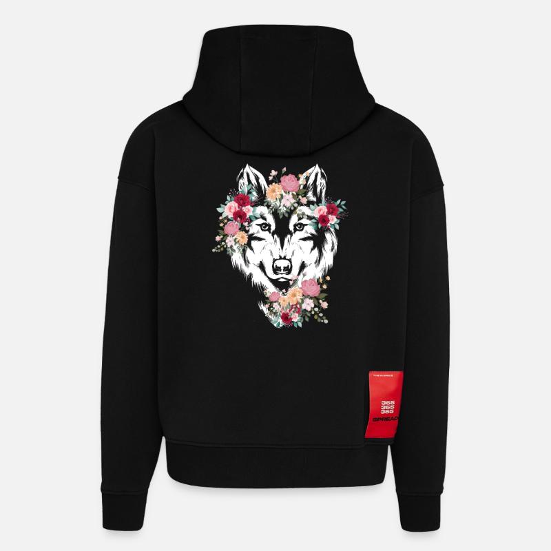 Wolf Wolfskopf Fleurs Déco - Sweat à capuche bio épais oversize fabriqué en UE - SOLID BLACK
