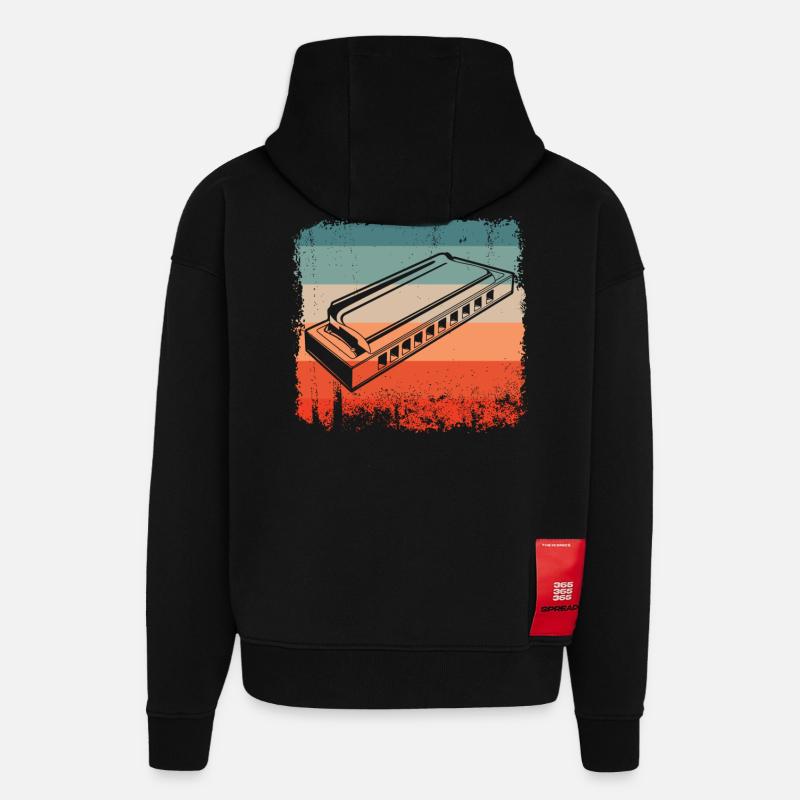 Retro Harmonica Player Silhouette - Hoodie- made by SPREAD  - SOLID BLACK
