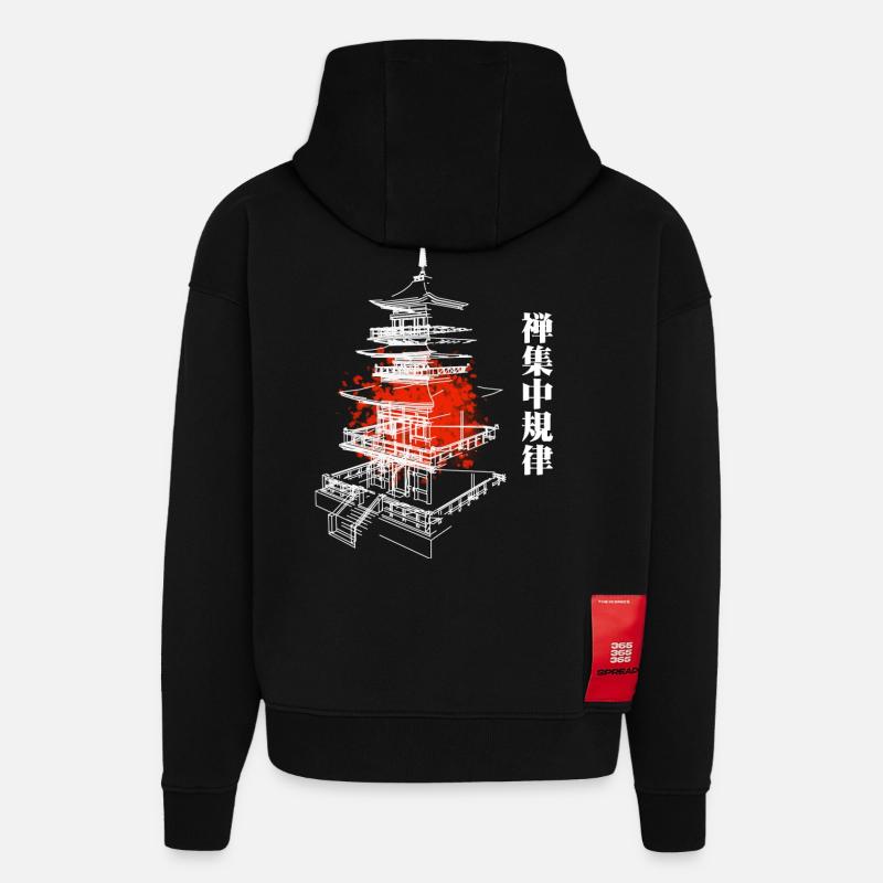 Pagode Zen en rouge abstrait - Sweat à capuche bio épais oversize fabriqué en UE - SOLID BLACK