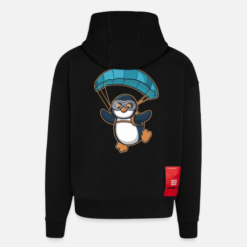 Parachutisme pingouin dans l’aventure - Sweat à capuche bio épais oversize fabriqué en UE - SOLID BLACK