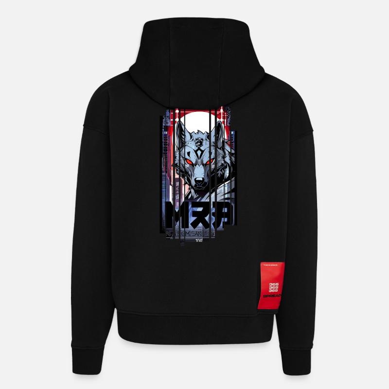 Loup argent cyborg Géométrique - Sweat à capuche bio épais oversize fabriqué en UE - SOLID BLACK