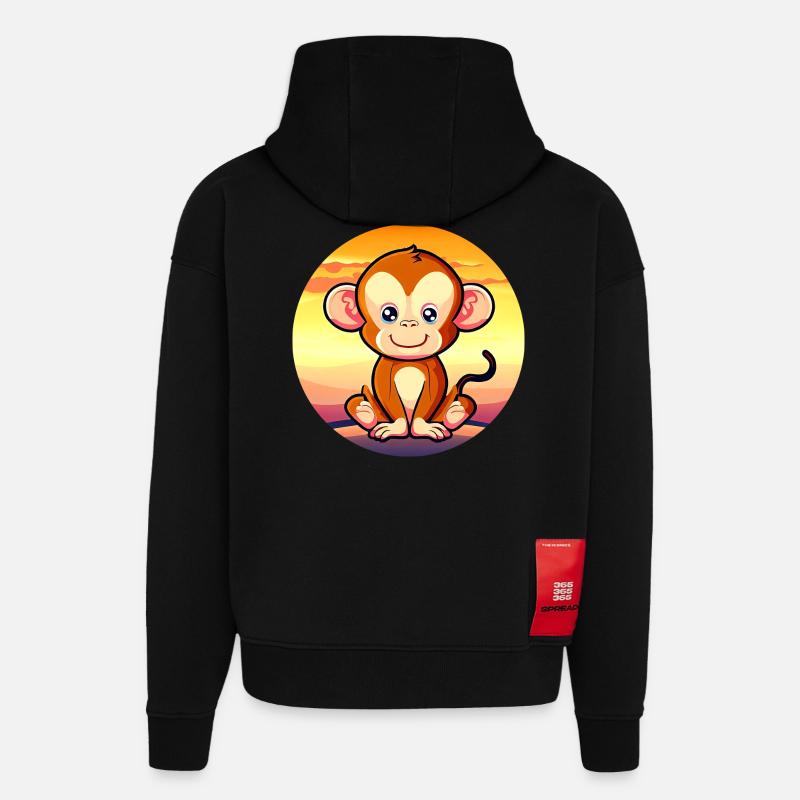 Mignon Singe Chimpanzé Sunset Design - Sweat à capuche bio épais oversize fabriqué en UE - SOLID BLACK
