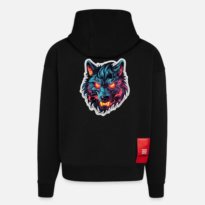 Loup - Illustration - Sweat à capuche bio épais oversize fabriqué en UE - SOLID BLACK
