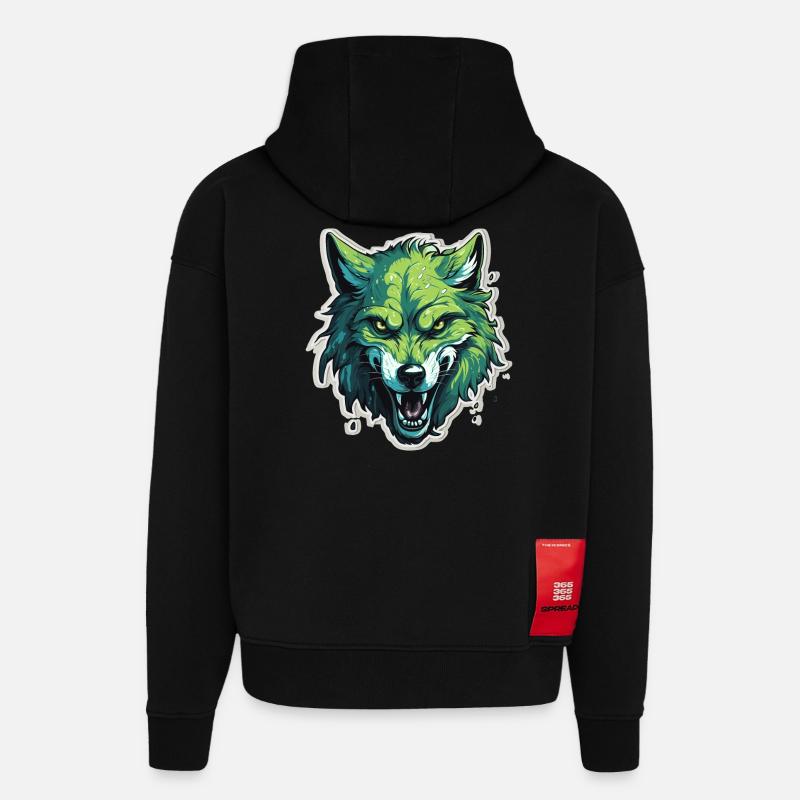 Loup - Illustration - Sweat à capuche bio épais oversize fabriqué en UE - SOLID BLACK