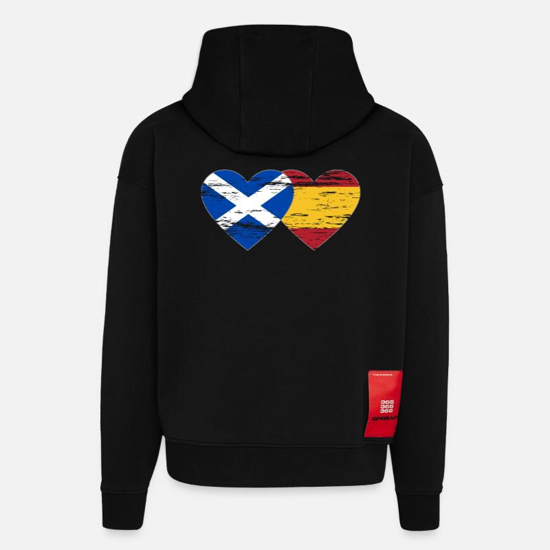 Ecosse Espagne Drapeau Coeur Utilisé - Sweat à capuche bio épais oversize fabriqué en UE - SOLID BLACK