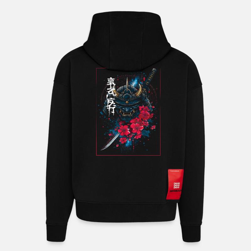Oni - Samouraï Démon Japonais - Sweat à capuche bio épais oversize fabriqué en UE - SOLID BLACK