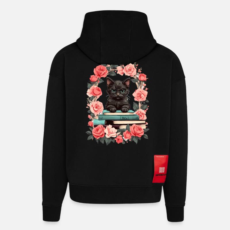 Black cat with reading glasses - Hoodie- made by SPREAD  - SOLID BLACK