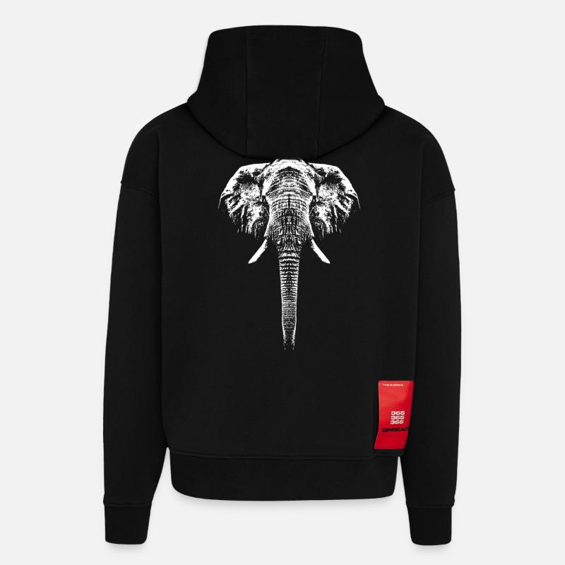 Eléphant / Portrait / Graphique - Sweat à capuche bio épais oversize fabriqué en UE - SOLID BLACK