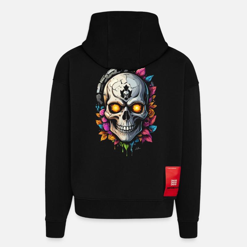 Crâne fleurs - Sweat à capuche bio épais oversize fabriqué en UE - SOLID BLACK