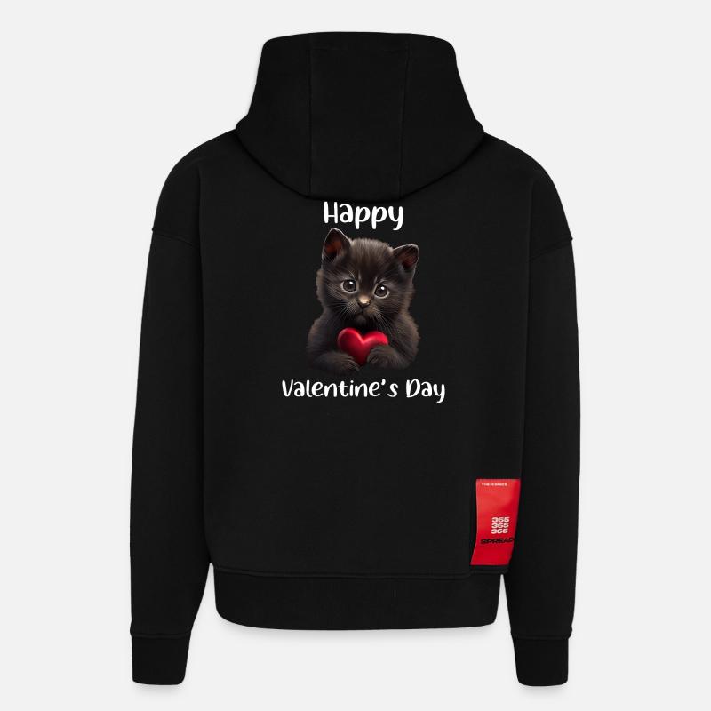 Chat de la Saint-Valentin - Sweat à capuche bio épais oversize fabriqué en UE - SOLID BLACK