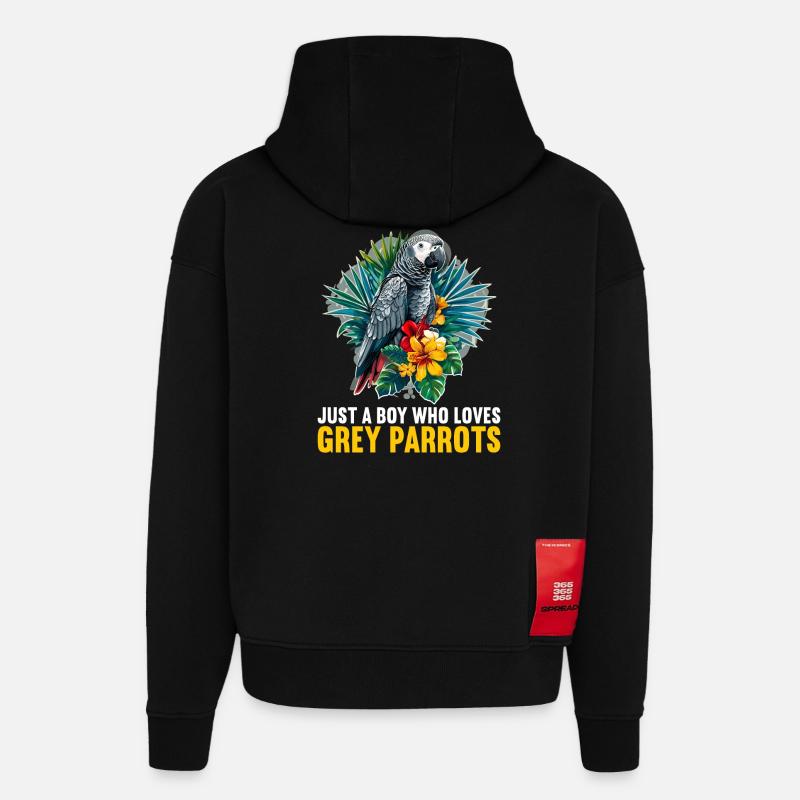 Perroquets gris d’Afrique - Sweat à capuche bio épais oversize fabriqué en UE - SOLID BLACK