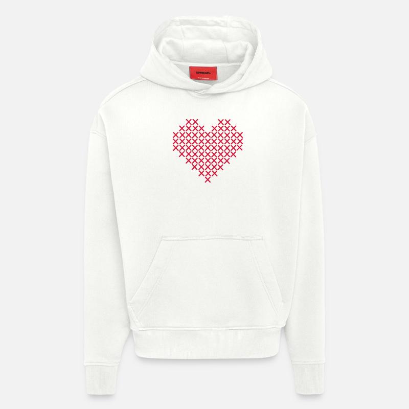 Coeur de point de croix - Sweat à capuche bio épais oversize fabriqué en UE - OFF WHITE