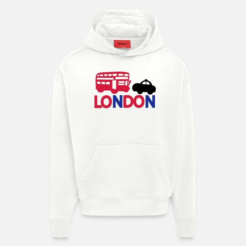 LONDON BLACK CAP ROUGE & BUS - Sweat à capuche bio épais oversize fabriqué en UE - OFF WHITE