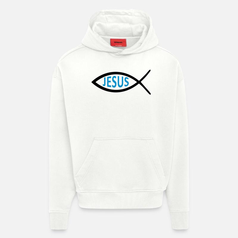 Symbole du poisson de Jésus - Sweat à capuche bio épais oversize fabriqué en UE - OFF WHITE