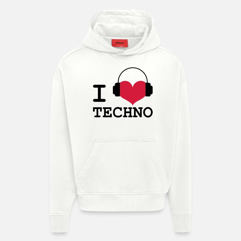 I Love Techno ! - Sweat à capuche bio épais oversize fabriqué en UE - OFF WHITE