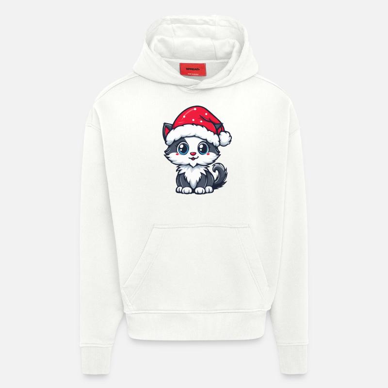 Chat Noël Mignon - Sweat à capuche bio épais oversize fabriqué en UE - OFF WHITE