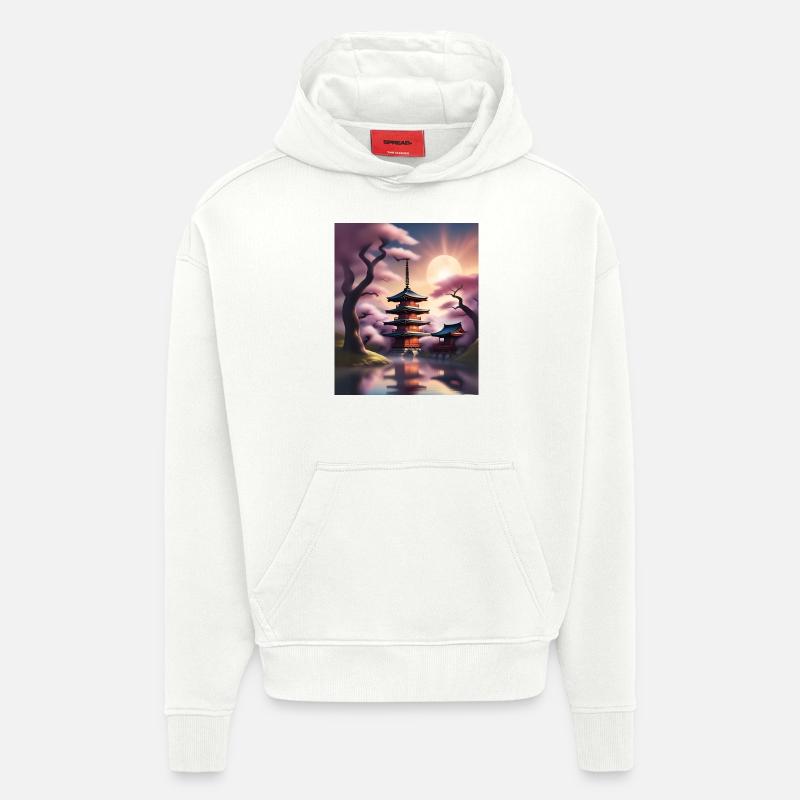 Bâtiments japonais pendant les sakura - Sweat à capuche bio épais oversize fabriqué en UE - OFF WHITE