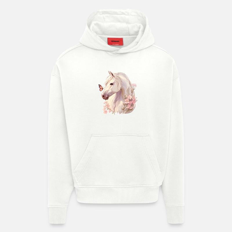 Cheval avec papillon - Sweat à capuche bio épais oversize fabriqué en UE - OFF WHITE