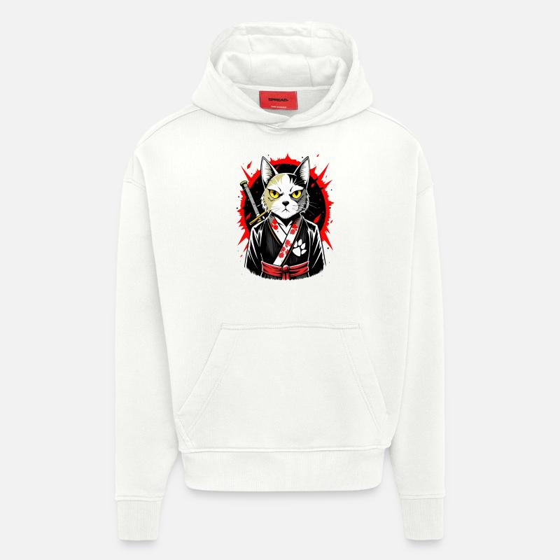 Chat samouraï - Sweat à capuche bio épais oversize fabriqué en UE - OFF WHITE