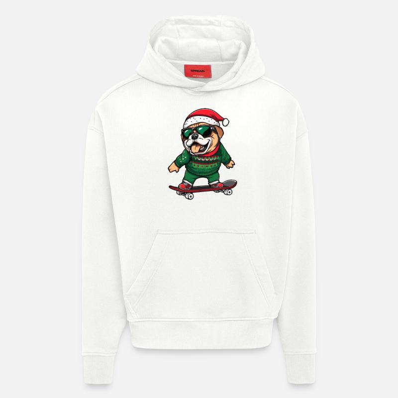 Bouledogue chien Noël drôle - Sweat à capuche bio épais oversize fabriqué en UE - OFF WHITE