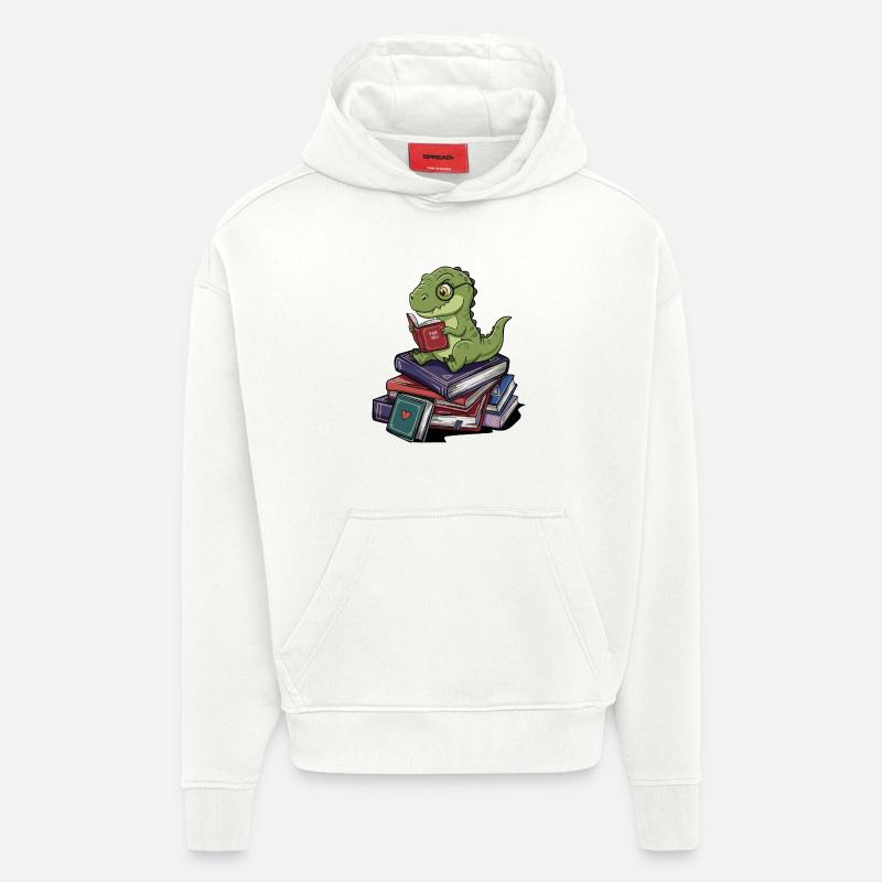 T-Rex Dinosaure Lecture de livres Art - Sweat à capuche bio épais oversize fabriqué en UE - OFF WHITE