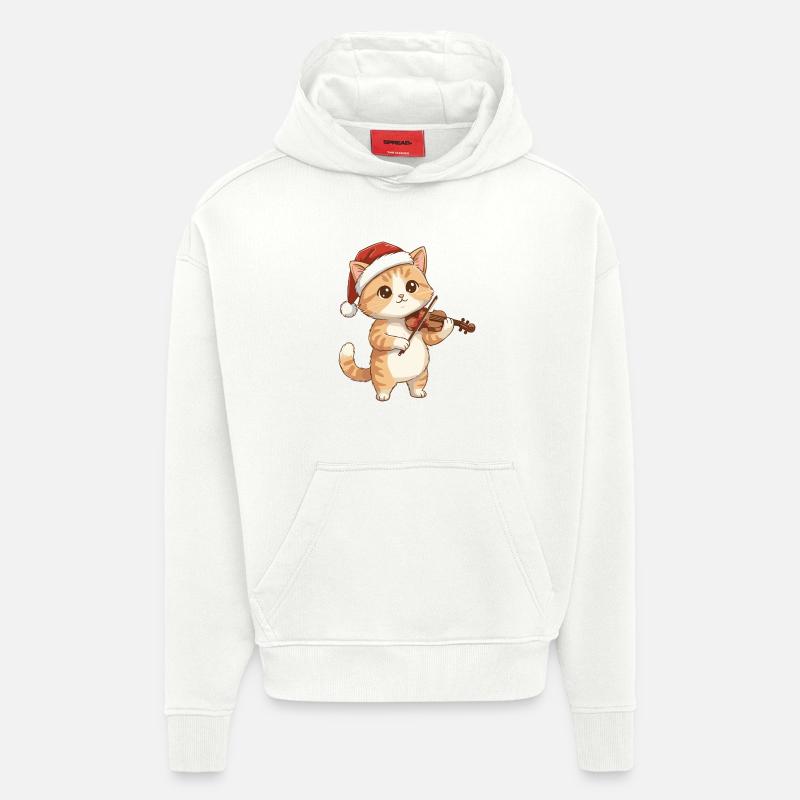 Chaton de Noël jouant du violon - Sweat à capuche bio épais oversize fabriqué en UE - OFF WHITE