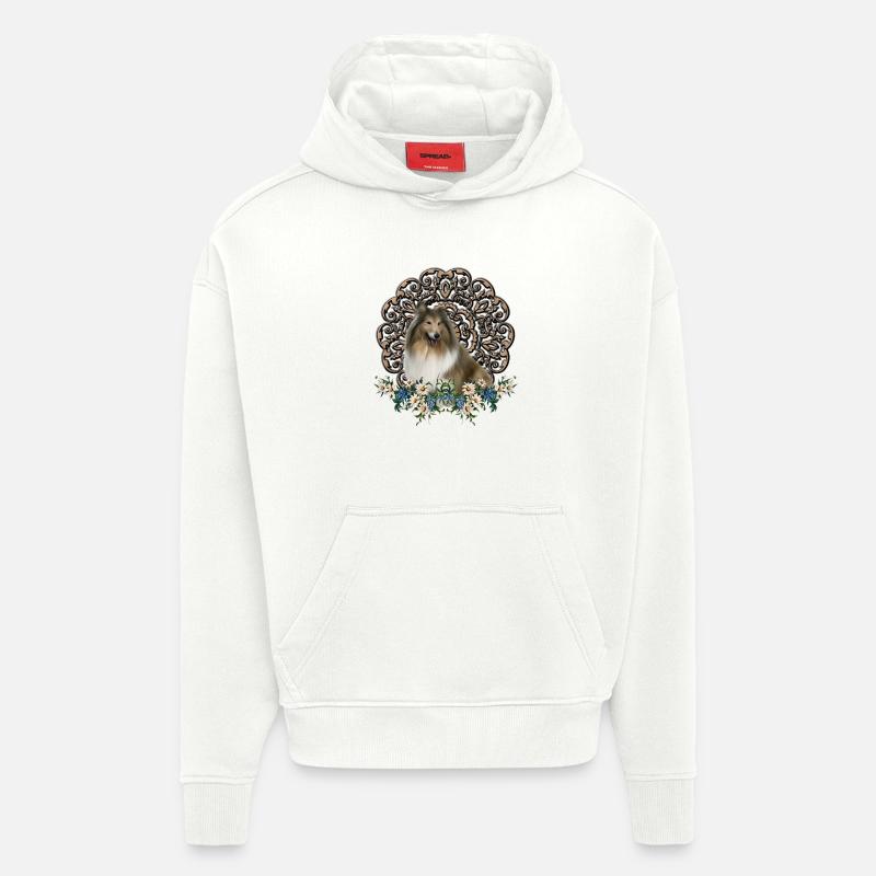 Collie mignon avec des fleurs - Sweat à capuche bio épais oversize fabriqué en UE - OFF WHITE