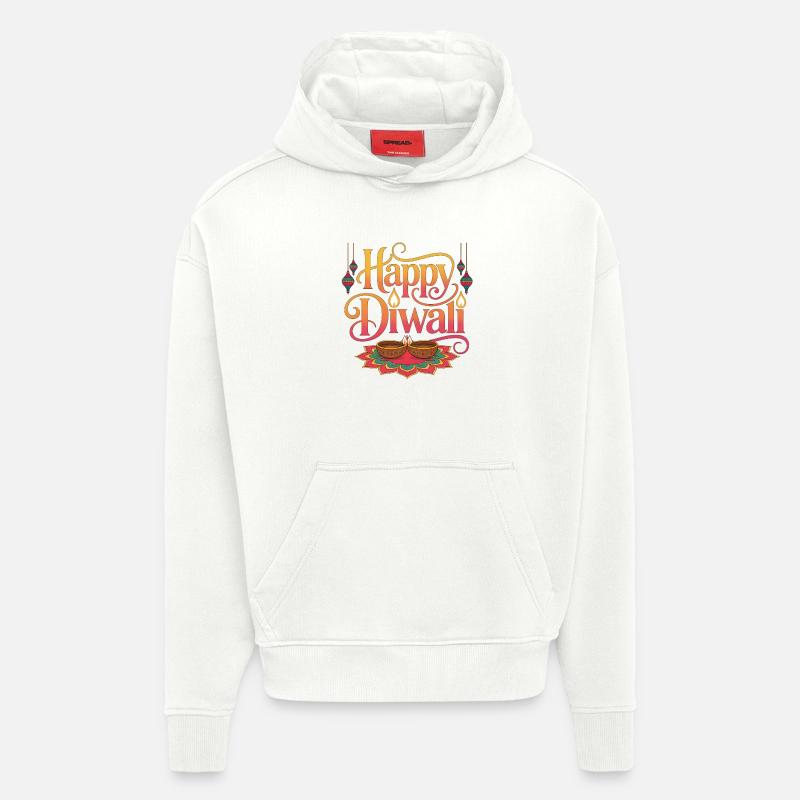 Joyeux Diwali Lumières Rangoli - Sweat à capuche bio épais oversize fabriqué en UE - OFF WHITE