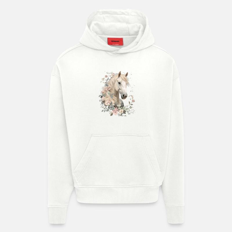 Étalon avec couronnes de fleurs - Sweat à capuche bio épais oversize fabriqué en UE - OFF WHITE