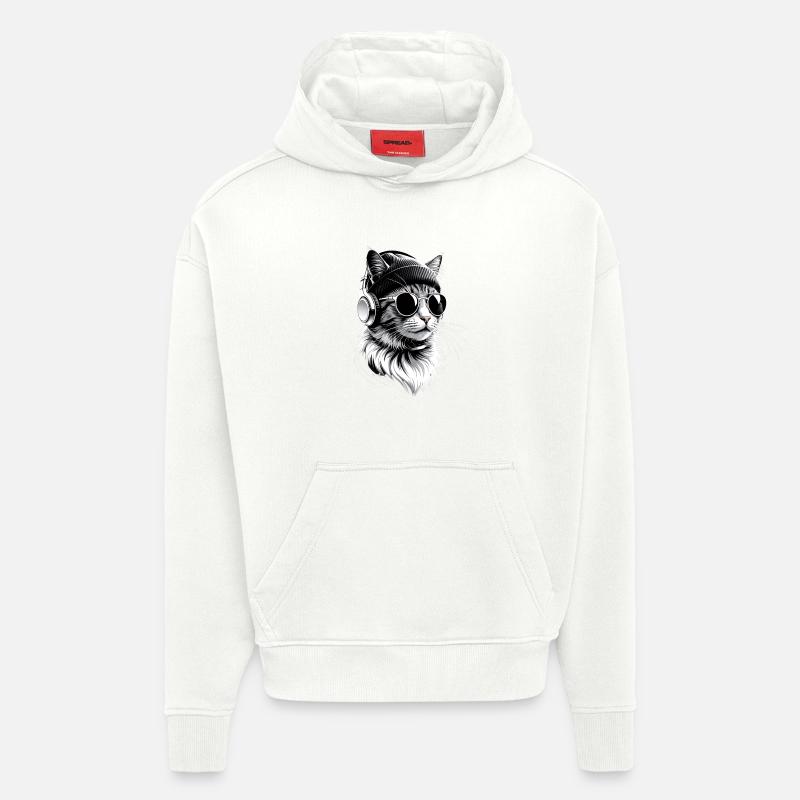 Cat DJ avec casque - Sweat à capuche bio épais oversize fabriqué en UE - OFF WHITE