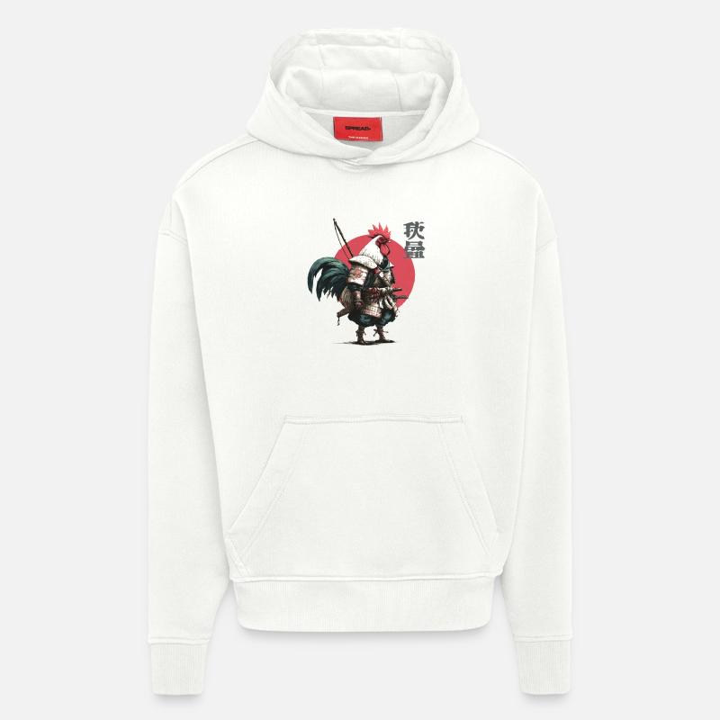 Rooster Samurai in Crimson Circle - Hoodie- made by SPREAD - OFF WHITE