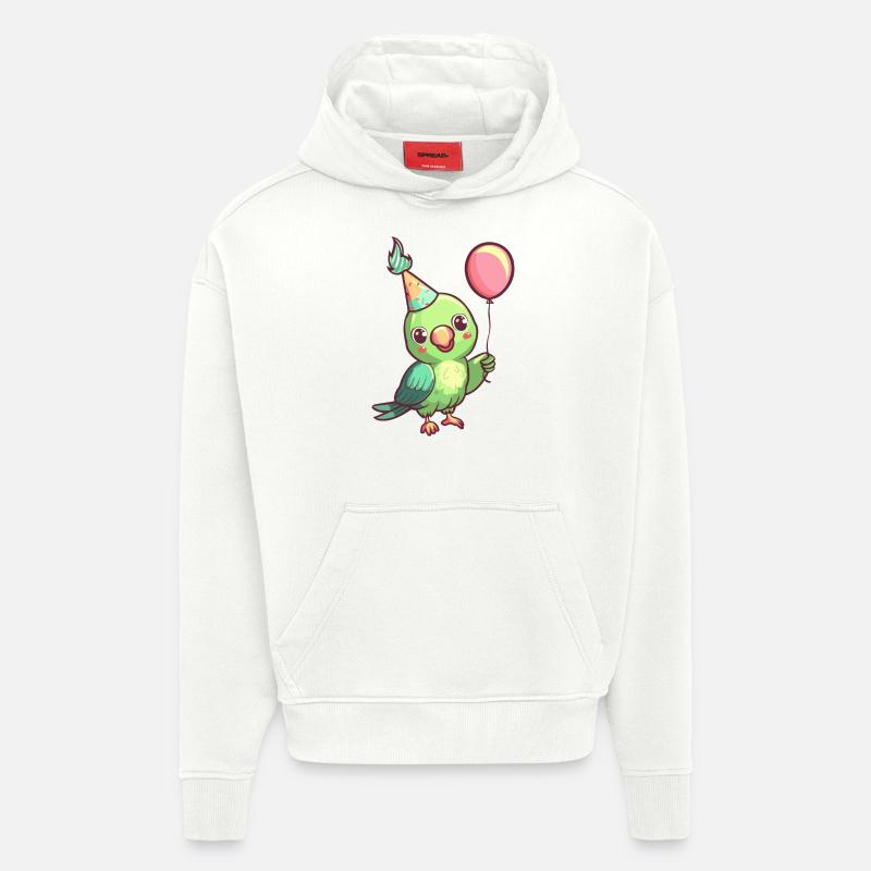 Bande dessinée d’anniversaire de perroquet - Sweat à capuche bio épais oversize fabriqué en UE - OFF WHITE
