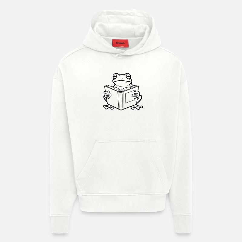 Illustration de bande dessinée Reading Frog - Sweat à capuche bio épais oversize fabriqué en UE - OFF WHITE
