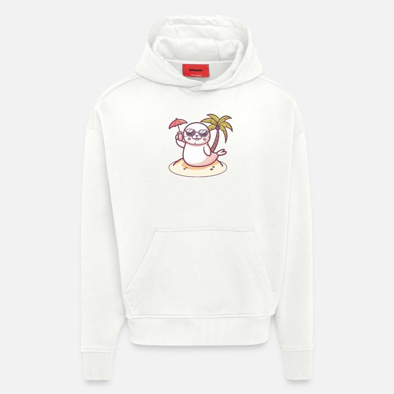 Bande dessinée Seal Summer Beach - Sweat à capuche bio épais oversize fabriqué en UE - OFF WHITE