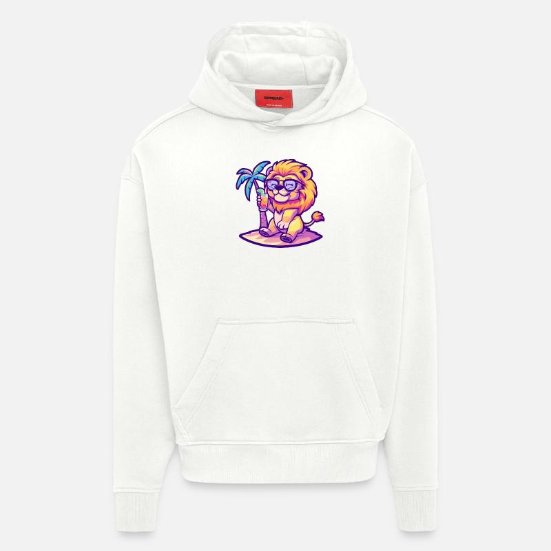 Bande dessinée Lion Summer Beach - Sweat à capuche bio épais oversize fabriqué en UE - OFF WHITE